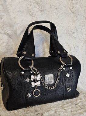 MCM Black Leather Satchel with Silver Hardware